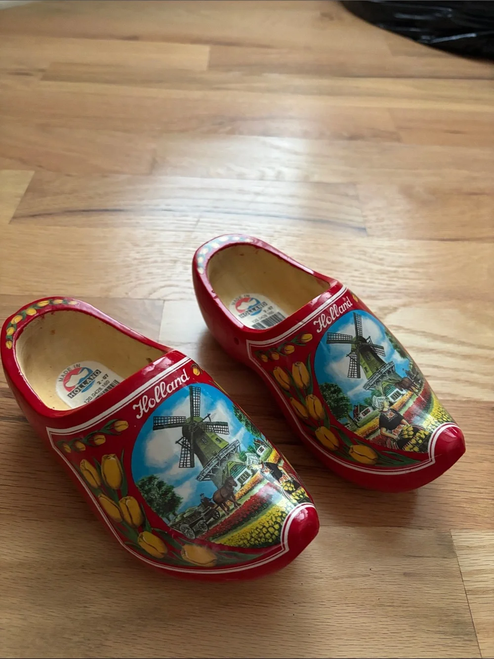 Kids Red Holland Wooden Clogs with Windmill Artwork